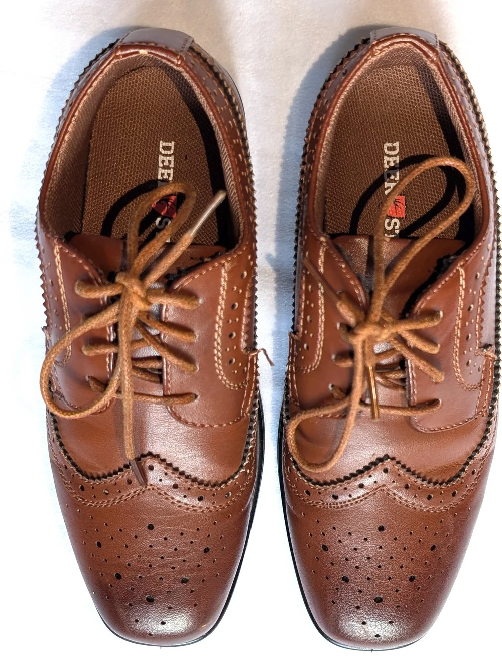 Deer Stags Ace Boys Size 1W Wingtip Oxford Laces Shoes Brown Dress Casual